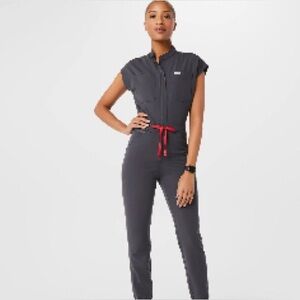 Figs CHARCOAL Jumpsuit with RED Tie